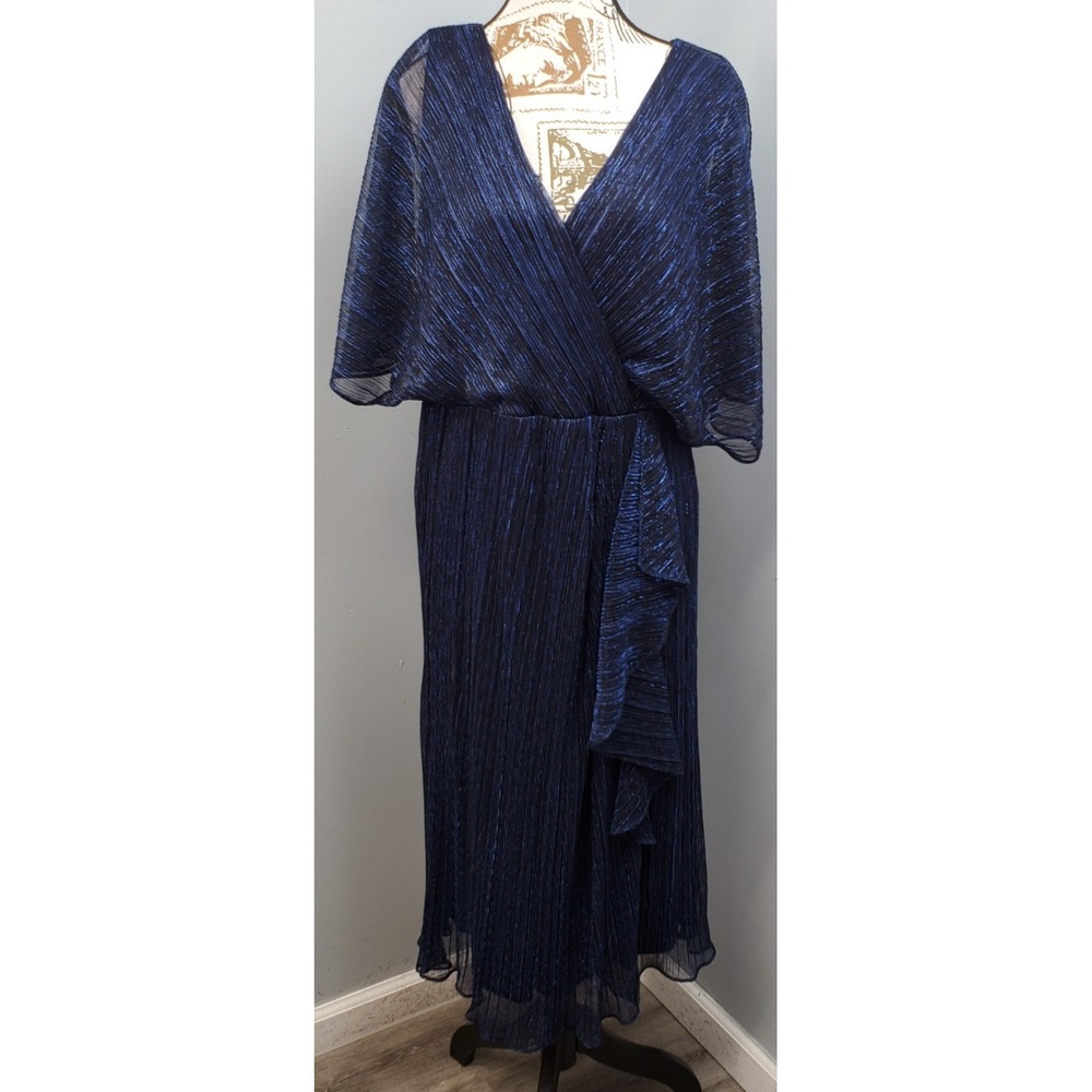 Adrianna Papell Faux-Wrap Midi Dress Womens 12 Blue Metallic Crinkle L46012